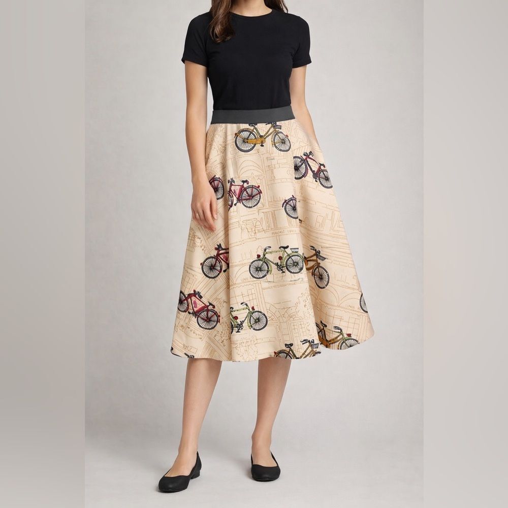 Gracia Beige Bicycle Print A-Line Midi Skirt NWOT